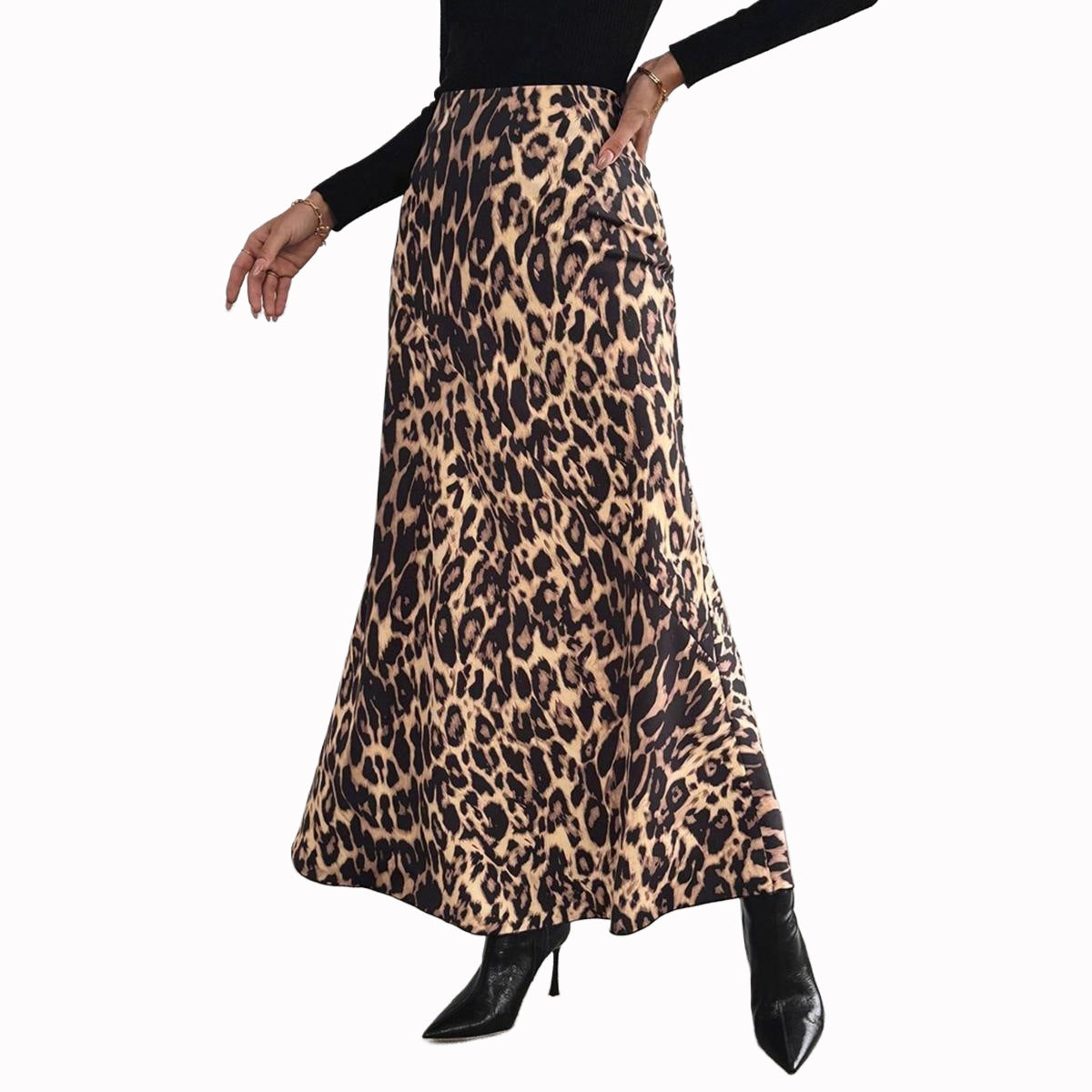 Slimming Leopard Print Skirt High-waisted Loose Long Dress With Print