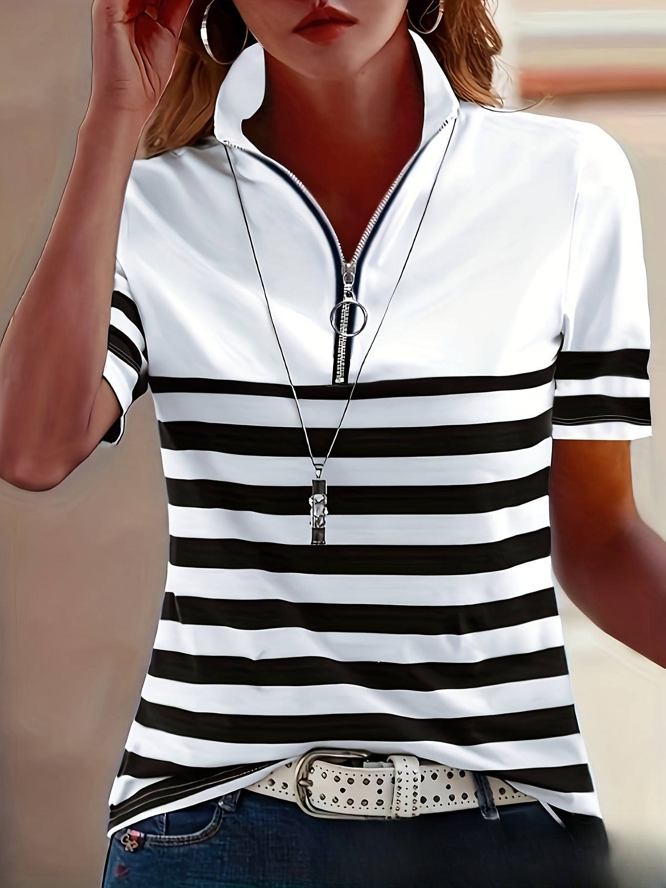 POLO Collar Striped Women's Short-sleeved Lapel Zipper Top T-shirt