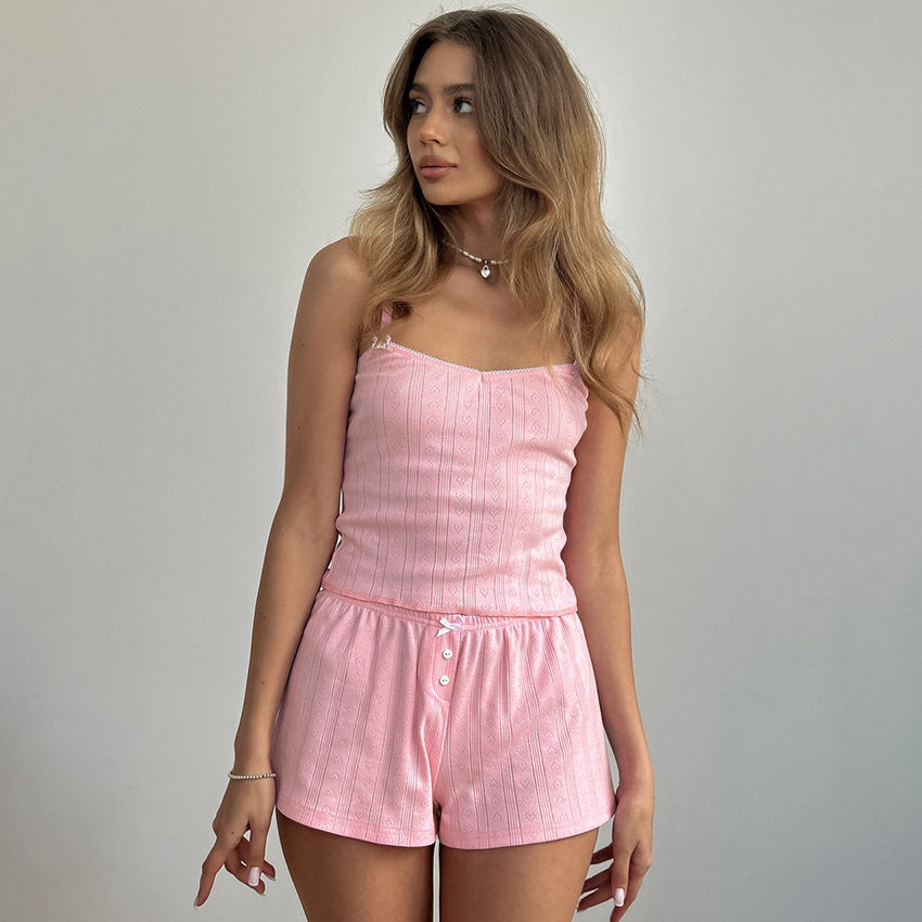 Knitted Jacquard Hollow-Out Breathable Comfortable Cami Shorts Pajama Set Loungewear