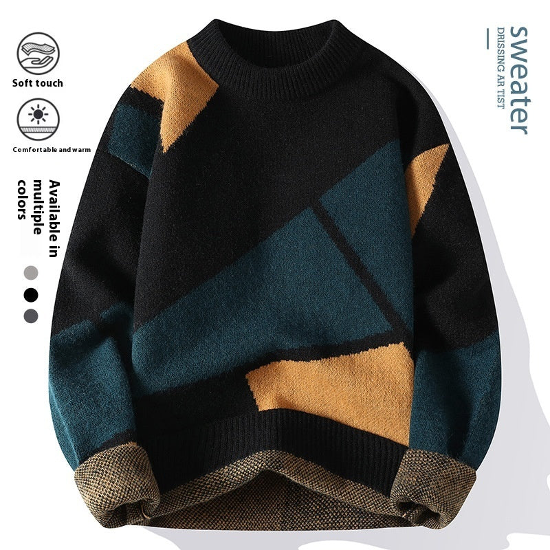 New Round Neck Thickened Sweater Men's Knitting Geometric Long Sleeve