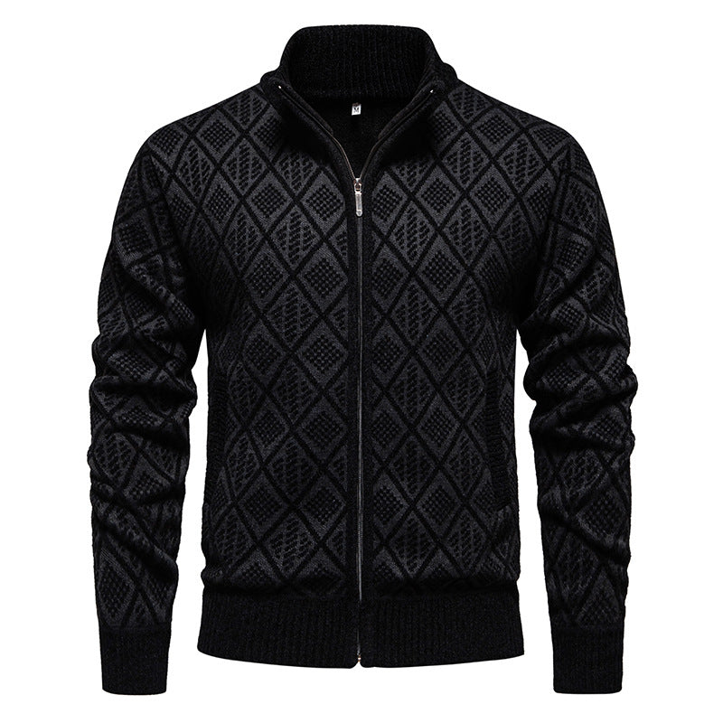 Fall Winter Men Fleece-lined Thickening Stand Collar Sweater Korean Style Casual Zipper Sweater Coat