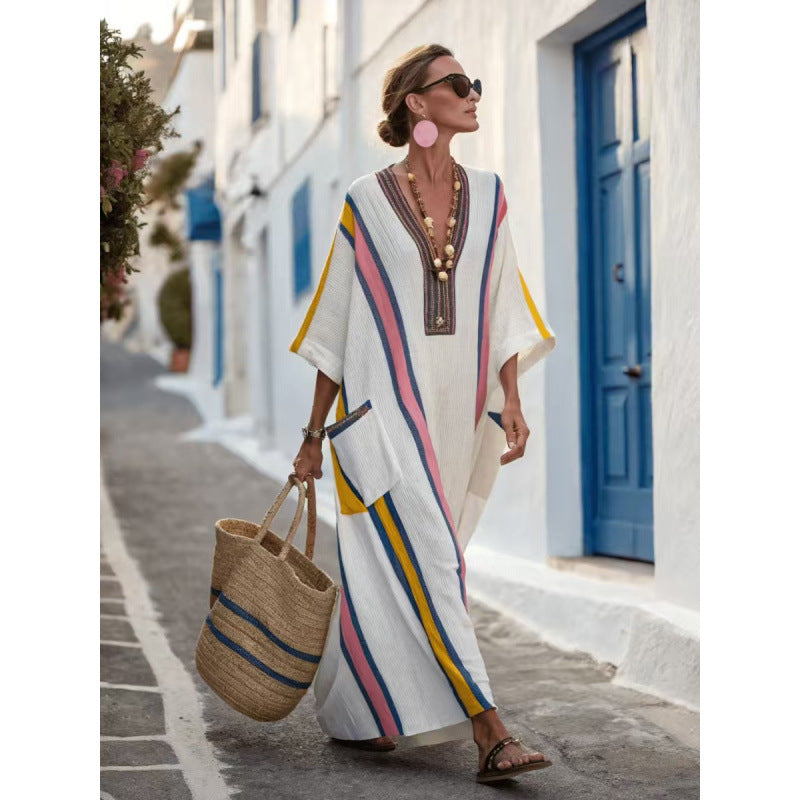 Beach Vacation Long Striped Embroidered Dress