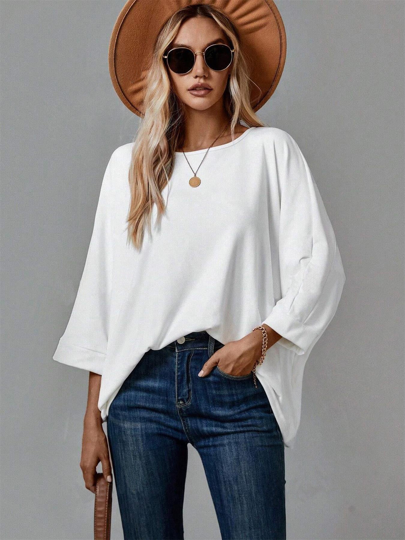 Dame ensfarvet pullover T-shirt med rund hals
