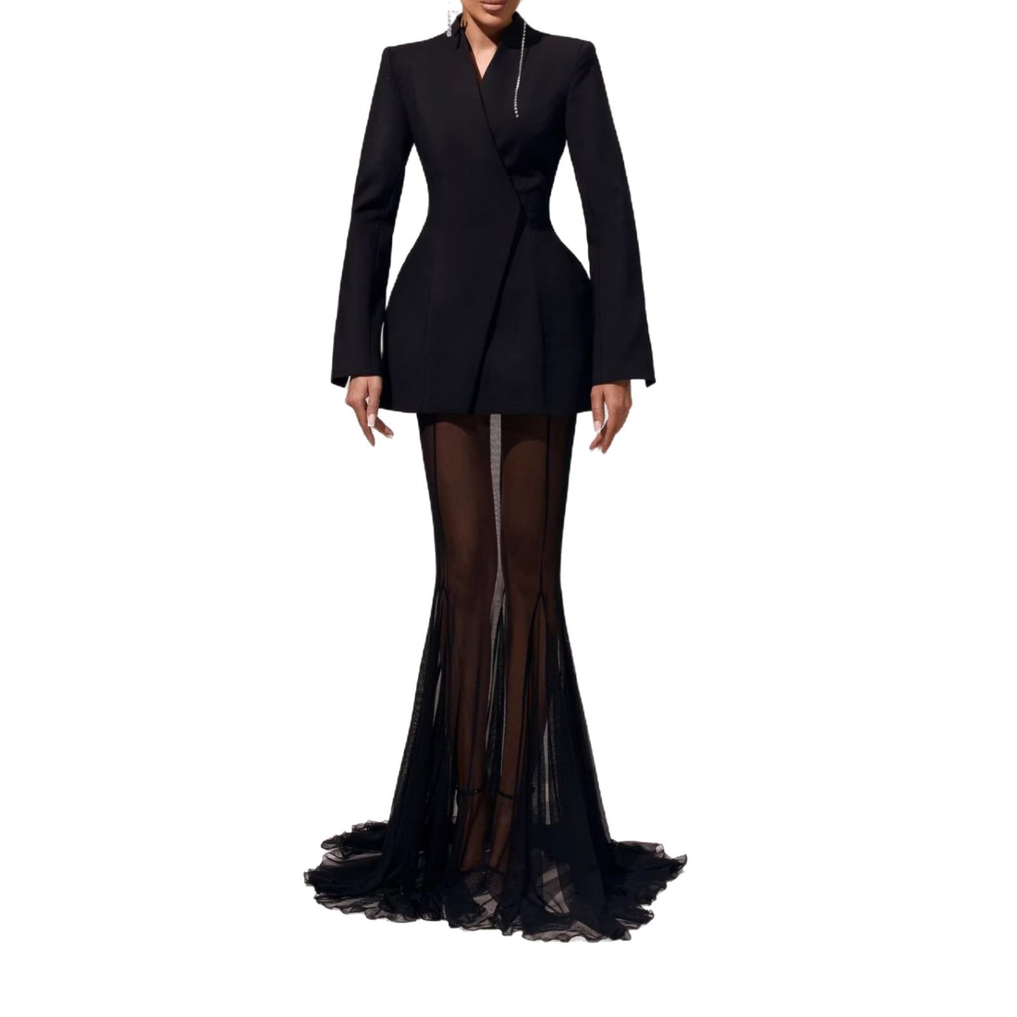 Women's Elegant Waist-Cinching Suit Jacket And Mesh Skirt Set