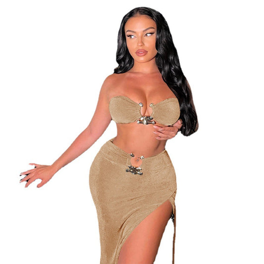 Womens Sexy Midriff-baring Top And Slit Sheath Skirt Set