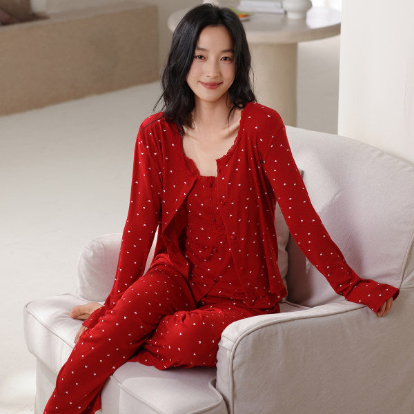 Threaded Colored Cotton Bra-padded Camisole Three-piece Set