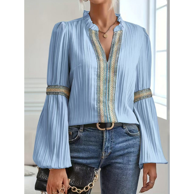 Womens Solid-Color Crochet-Trimmed Patchwork Loose Lantern-Sleeve Shirt