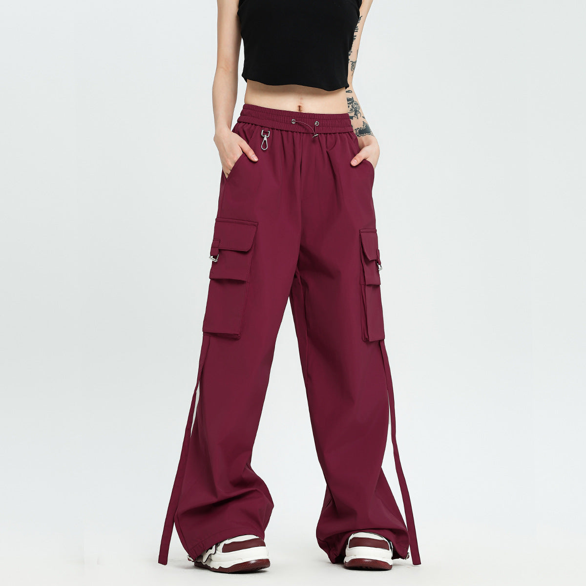 Loose Wide Leg Straight Large Pocket Ribbon Overalls