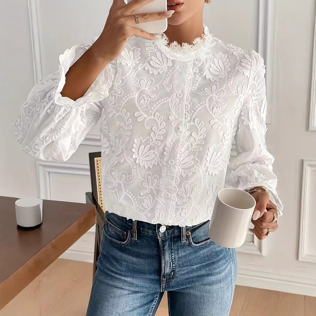 Elegant Embroidered Lace Blouse For Sophisticated Ladies In Spring And Autumn