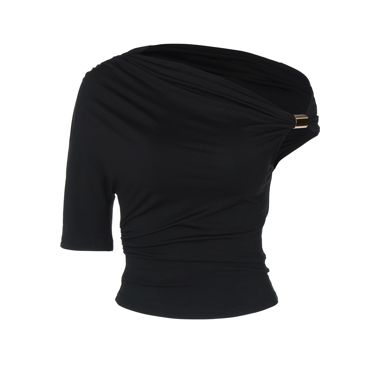 Asymmetric Pleated Crop-top Tight-fitting T-shirt
