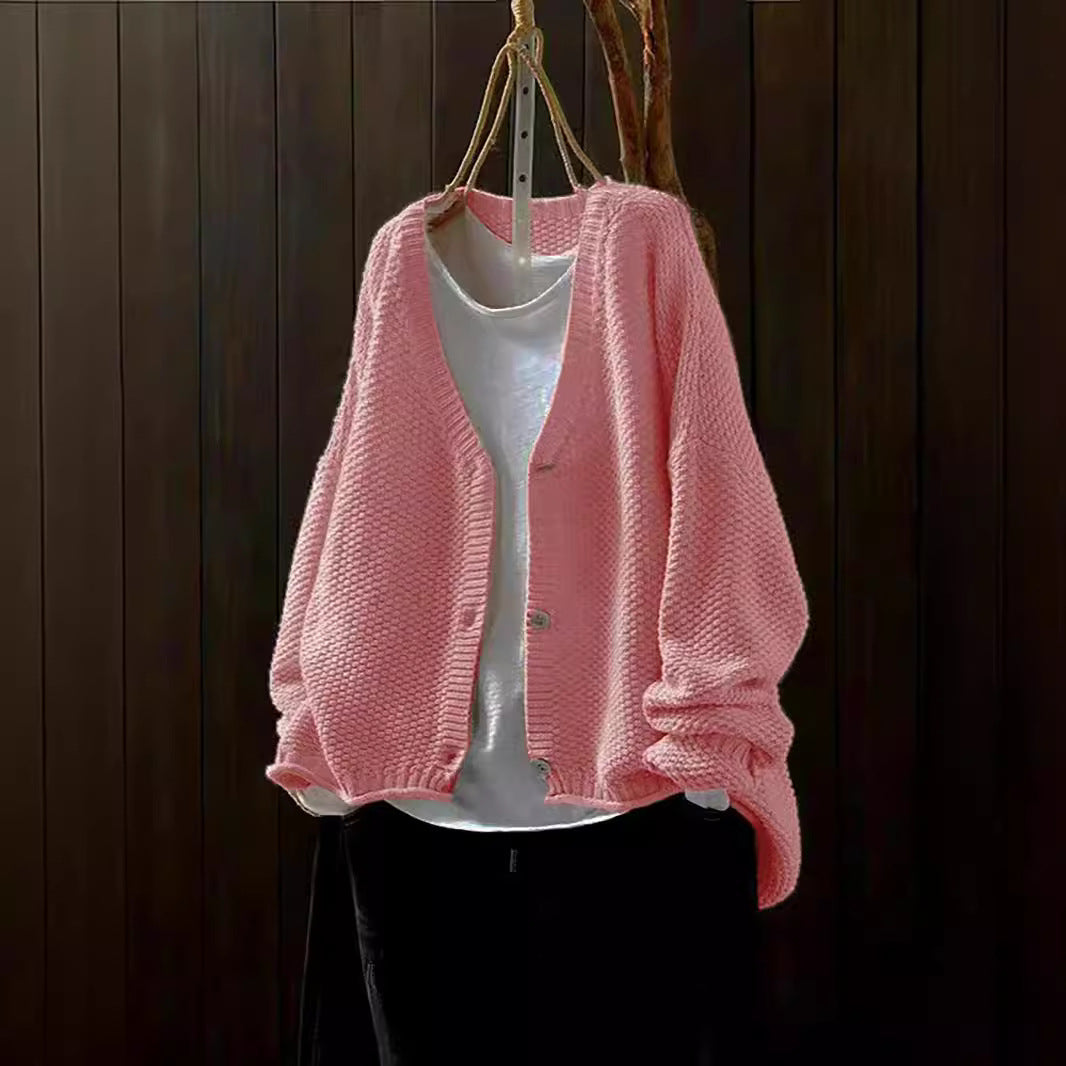 Grænseoverskridende Tidlig Efterår Ny Afslappet Alsidig Ensfarvet V-hals Langærmet Enkeltradet Strikket Cardigan Sweater
