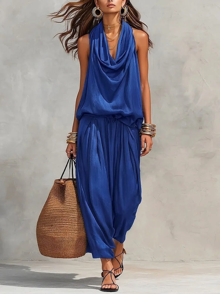 Womens Draped-Neck Vest And Casual Pants Set