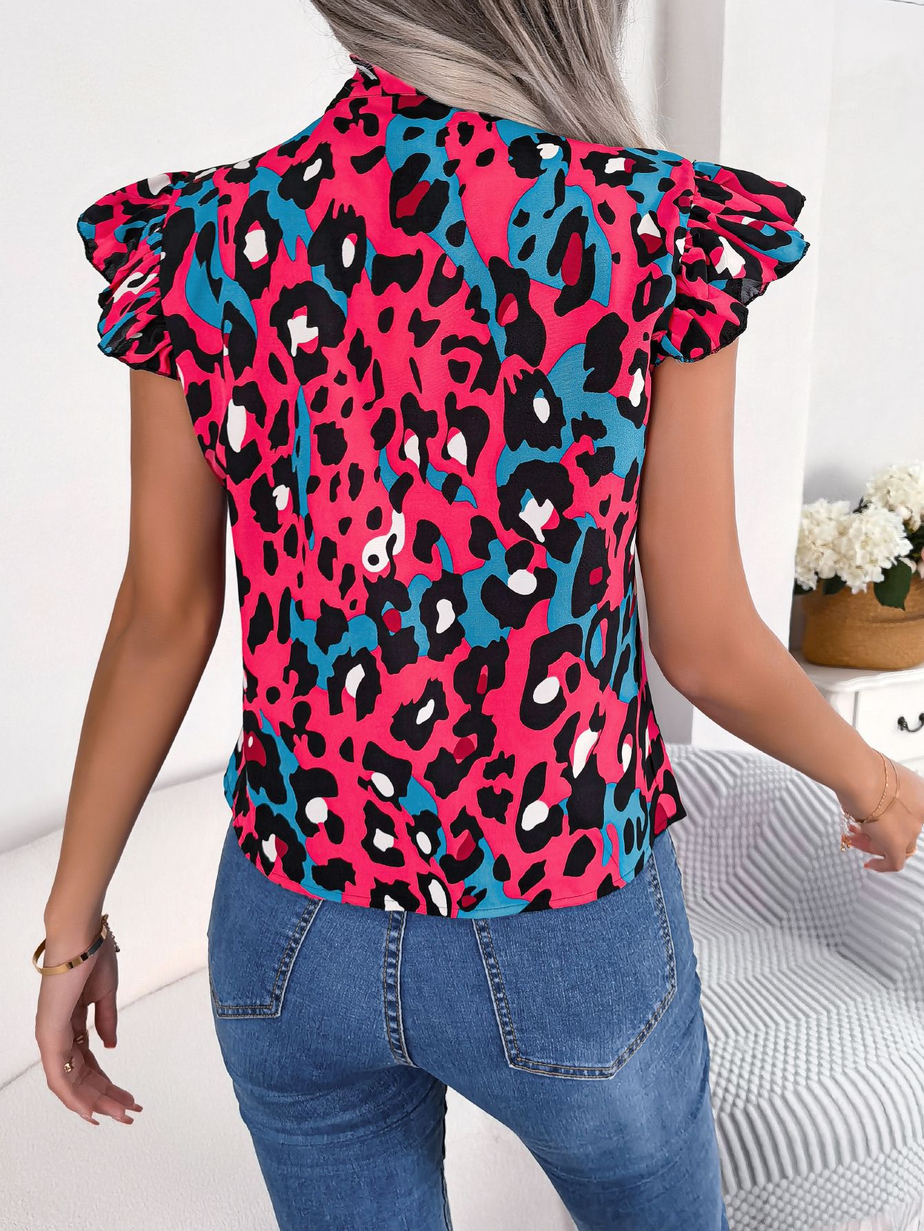 Women's Casual Leopard Print Ruffle Trim Tie Chiffon Blouse Top