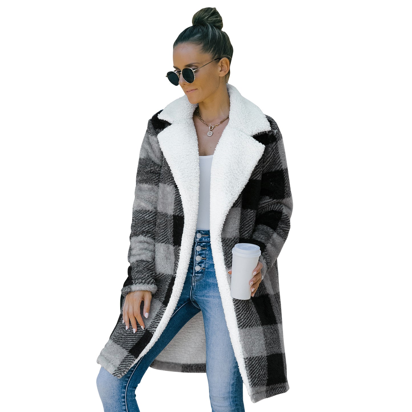 Women's Pure Color Plaid Woolen Coat