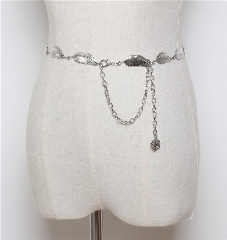 Fashion All-match Dress With Leaf Metal Ladies Waist Chain Decoration