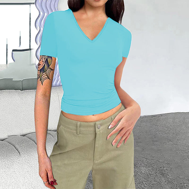 Solid-color V-neck Slim-fit Short-sleeve Crop Top