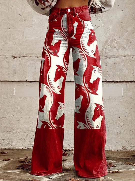 printed Retro Sunflower Guitar Art-style Womens Wide-leg Flared Denim Jeans 3D