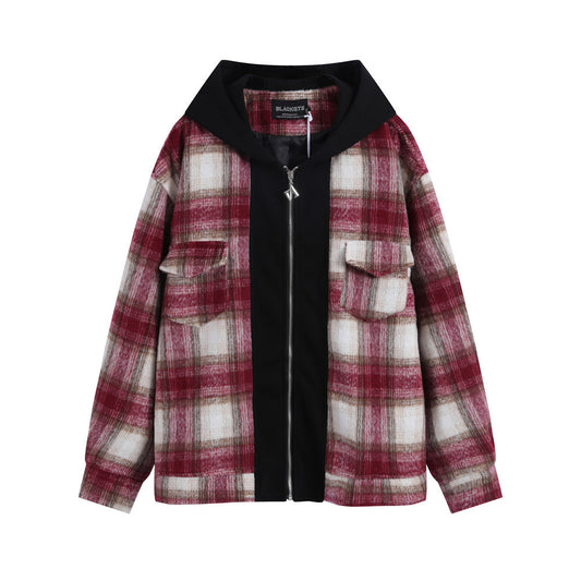 Men's Patchwork Color-contrast Check Hooded Zipper Jacket Casual Jacket