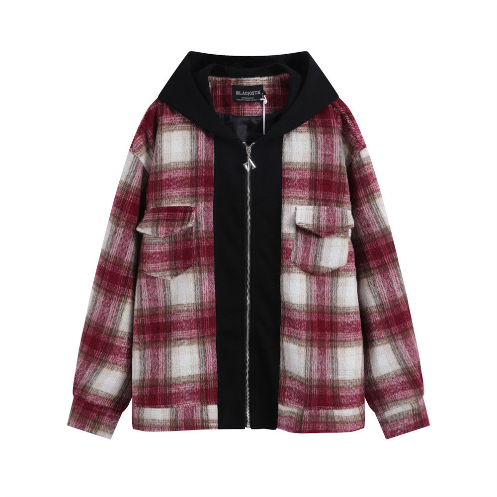 Men's Patchwork Color-contrast Check Hooded Zipper Jacket Casual Jacket