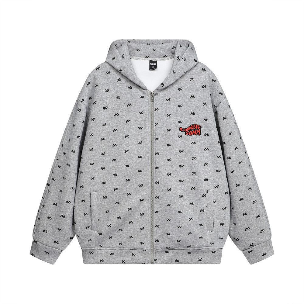 Full Printed Bow Zipper Sweater Design Sense High Street Trendy Men And Women