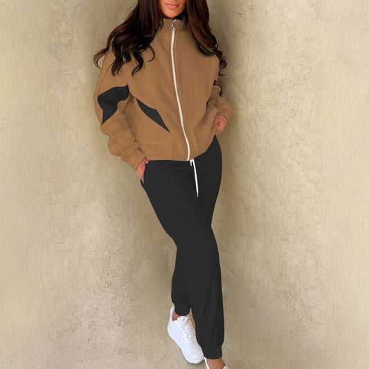 Versatile Color-blocked High-neck Jacket And Tapered Pants Two-piece Set
