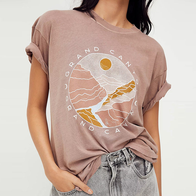 European And American Retro Bohemian Print T-shirt Women's Round Neck Pullover