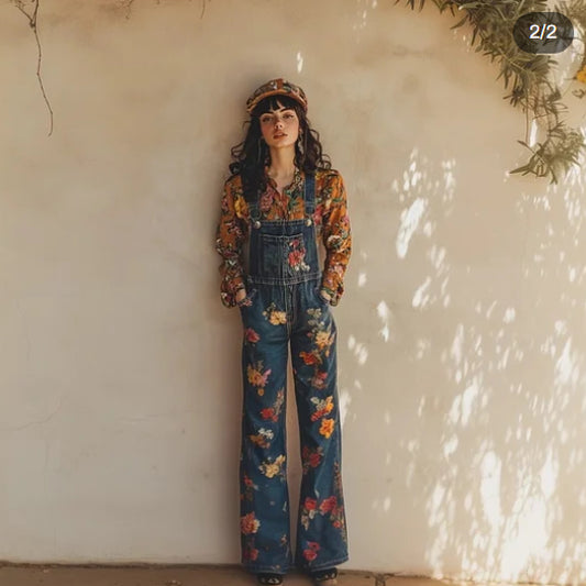 Vintage Oil Floral Painting Art Comfy Jeans Jumpsuit
