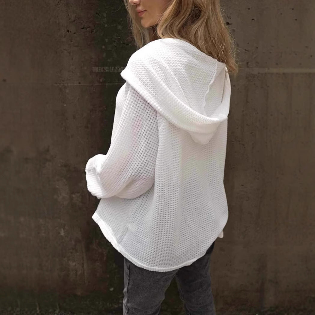 Ensfarvet hættetrøje med snøre V-udskæring Casual Løstsiddende langærmet sweatshirt
