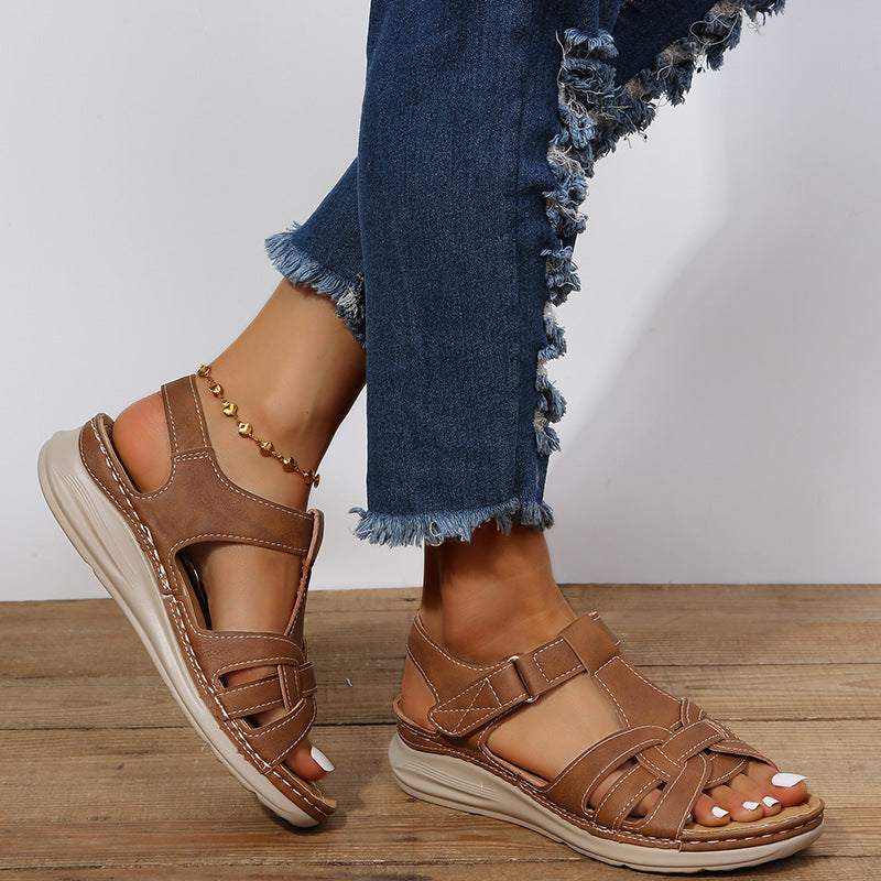 Damesandaler i romersk stil med velcrolukning og ankelrem, platformsandaler til sommer