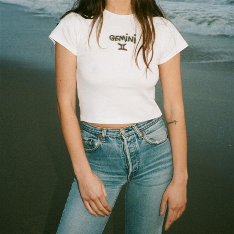 T-shirt Slim Fit Zodiac Fit Cut Rib Midriff-baring Top Cute Kawaii