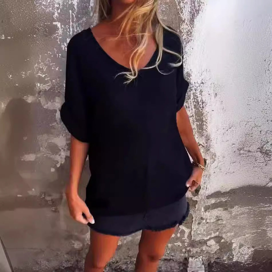 Women's Solid Color Versatile V-neck Loose Fitting Shirt