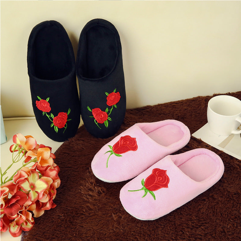 Rose Embroidered Soft Bottom Home Indoor Non Slip Cotton Slippers