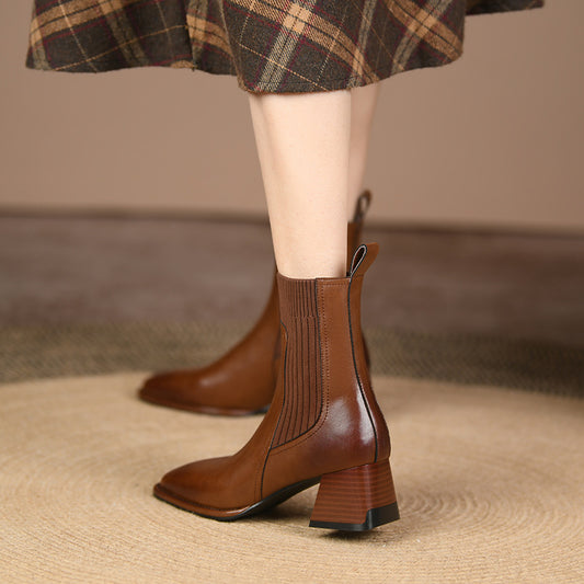 Square Toe Vintage French Chunky Heel Women's New Brown Knitted Stretch Socks High Heel Ankle Boots