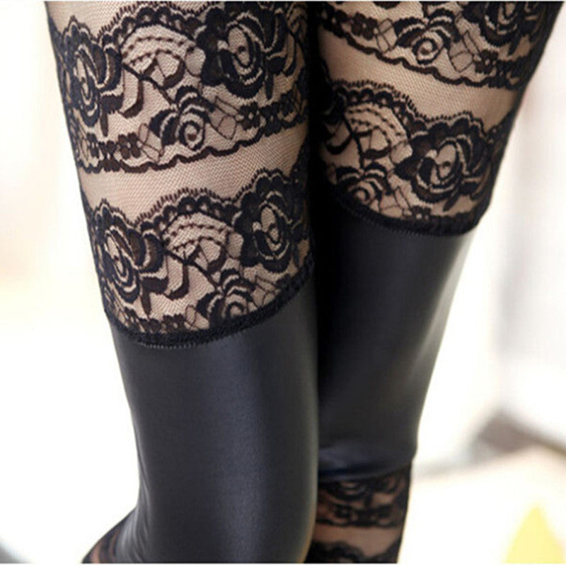 Women's Autumn Faux Leather Stitching Lace Leggings