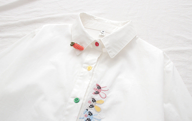 Women's Embroidered Rabbit Radish Shirt With Placket