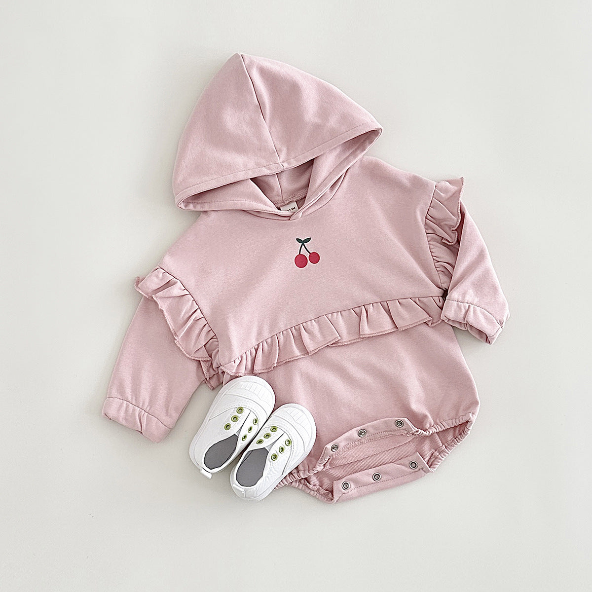 Baby Girl Sweet Cherry Embroidered Long Sleeve Hooded Crawling Suit Jumpsuit