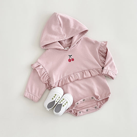 Baby Girl Sweet Cherry Embroidered Long Sleeve Hooded Crawling Suit Jumpsuit