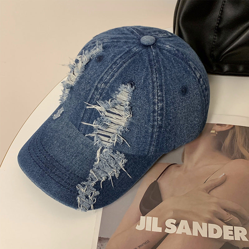 Sommer Koreansk Stil Denim "Make Old" Revnet Kasket