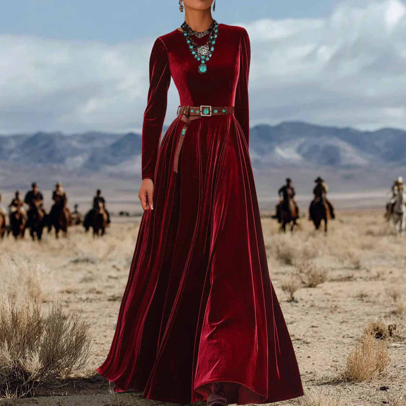 Elegant efterårsvinter langærmet kjole i fløjl med western-stil