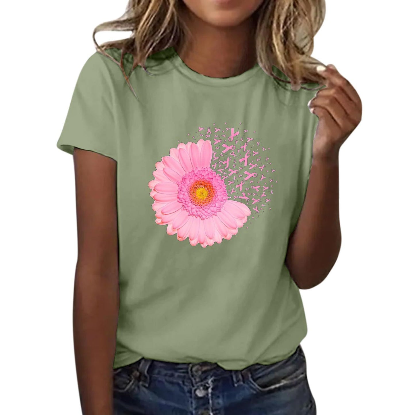 Women's Ribbon Printing Short Sleeve T-shirt Top