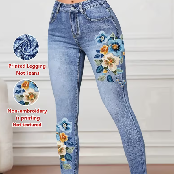 Mønstrede Leggings - Ikke-denim Stof, Imitationsdenim Stramme Bukser til Kvinder