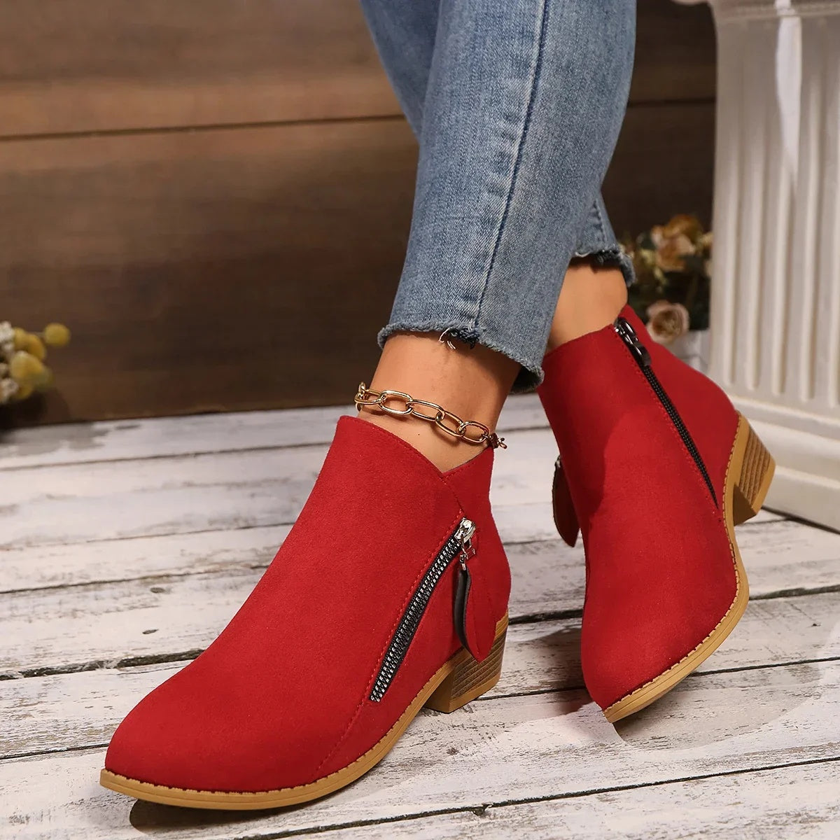 Chunky Heel Side Zip Mid-heel Ankle Boots