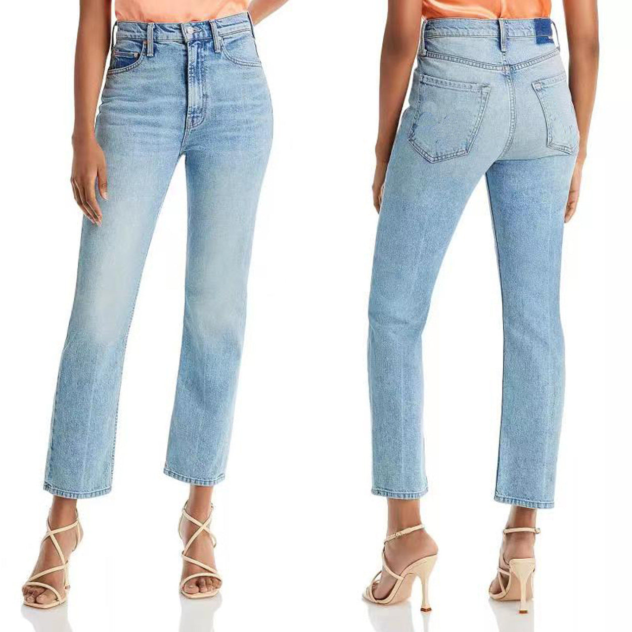 Højtaljede lyseblå strækbare smalle kropsnære jeans med lige ben og cropped længde til kvinder