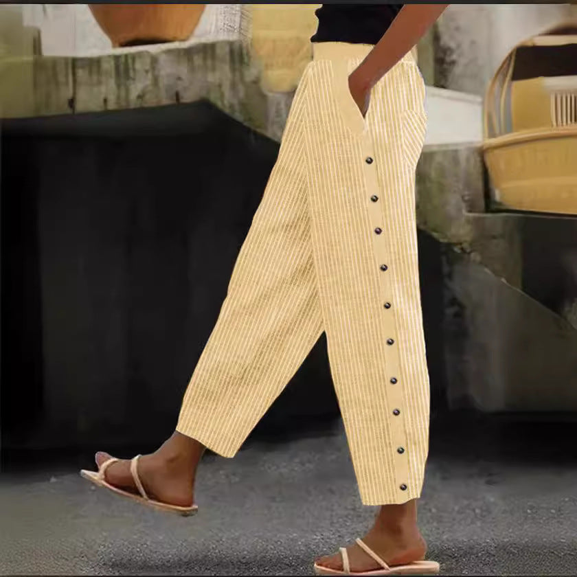 Printed Striped Button-binding Elastic Waist Cropped Pants