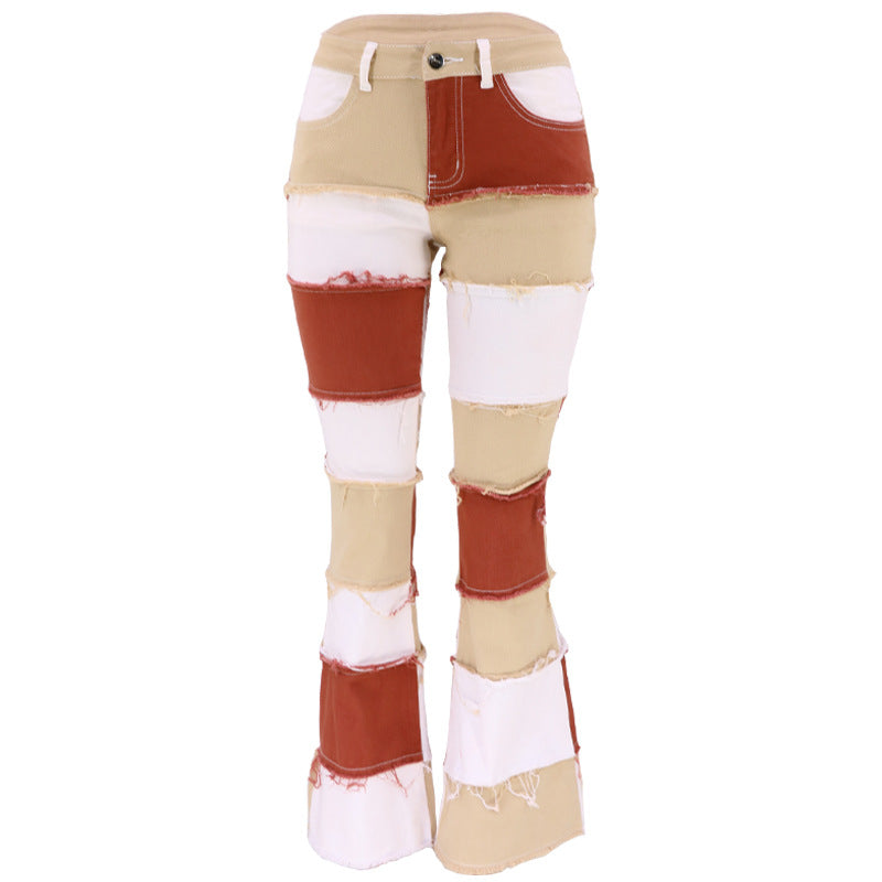 Flow Fashion Patchwork High Waist Tight Hip Horn Women's Denim Trousers