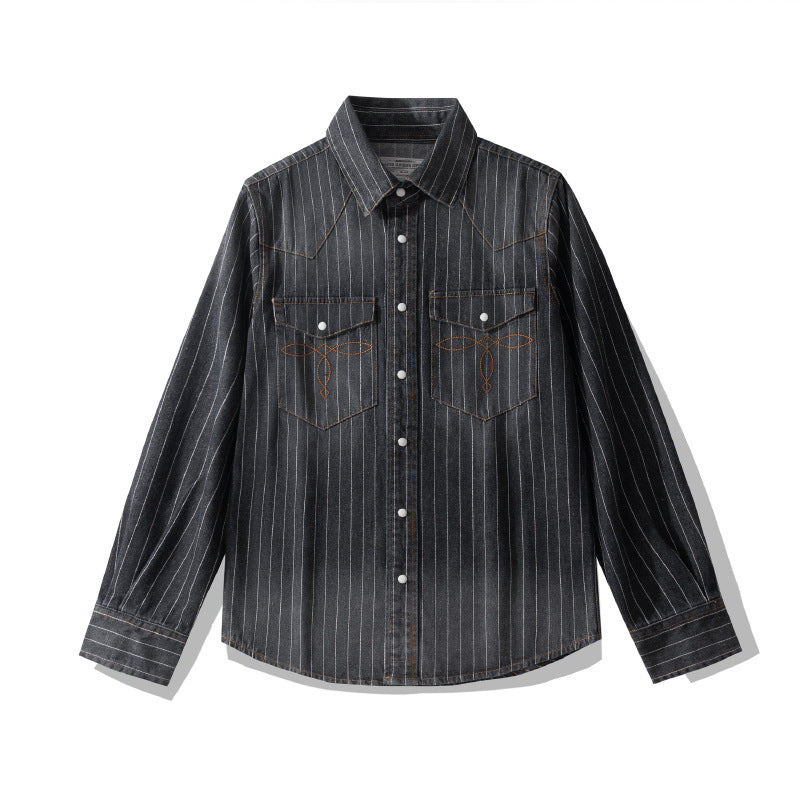 Retro Distressed Striped Denim Shirt