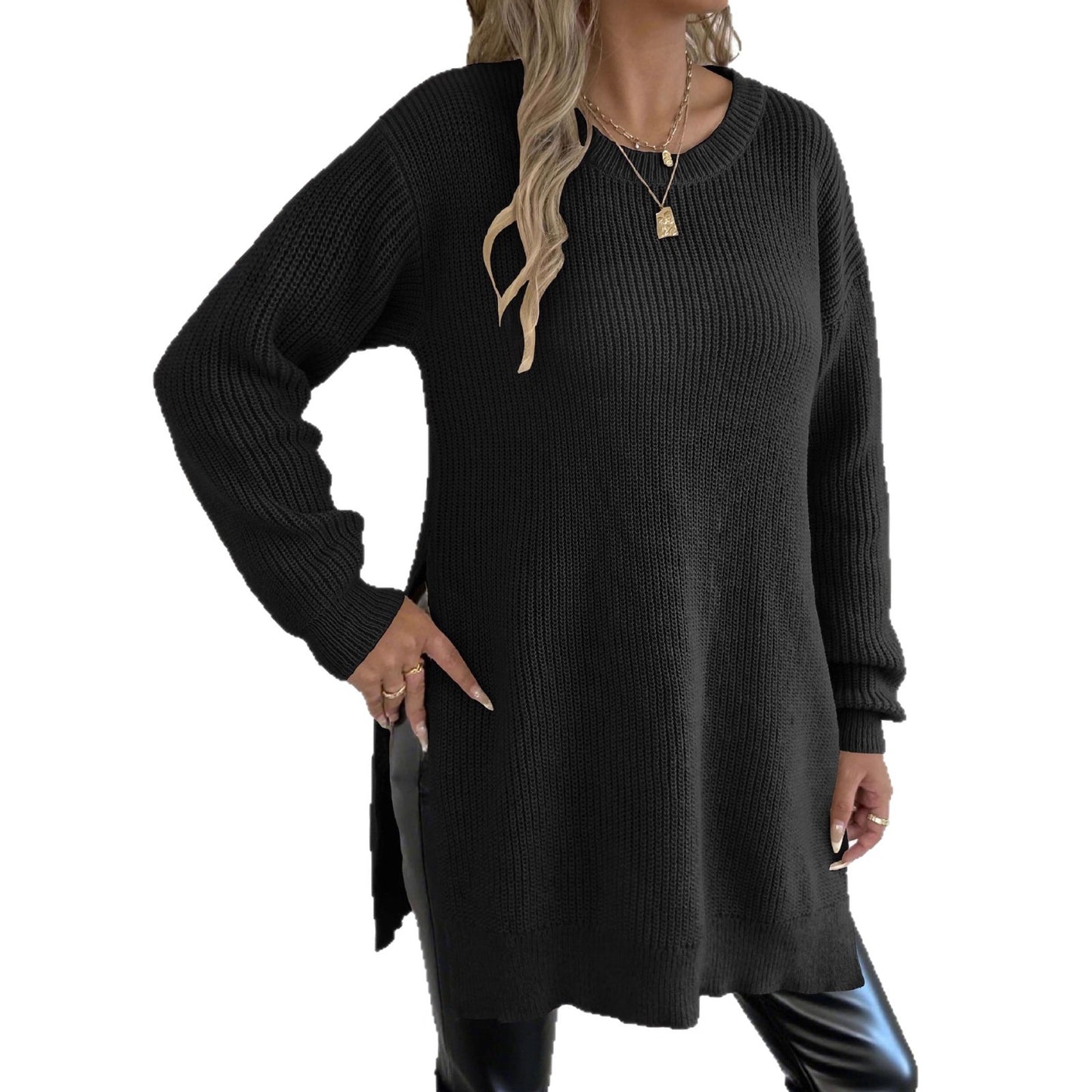 Crew-neck Pullover Slit Design Machine-knit Casual Sweater