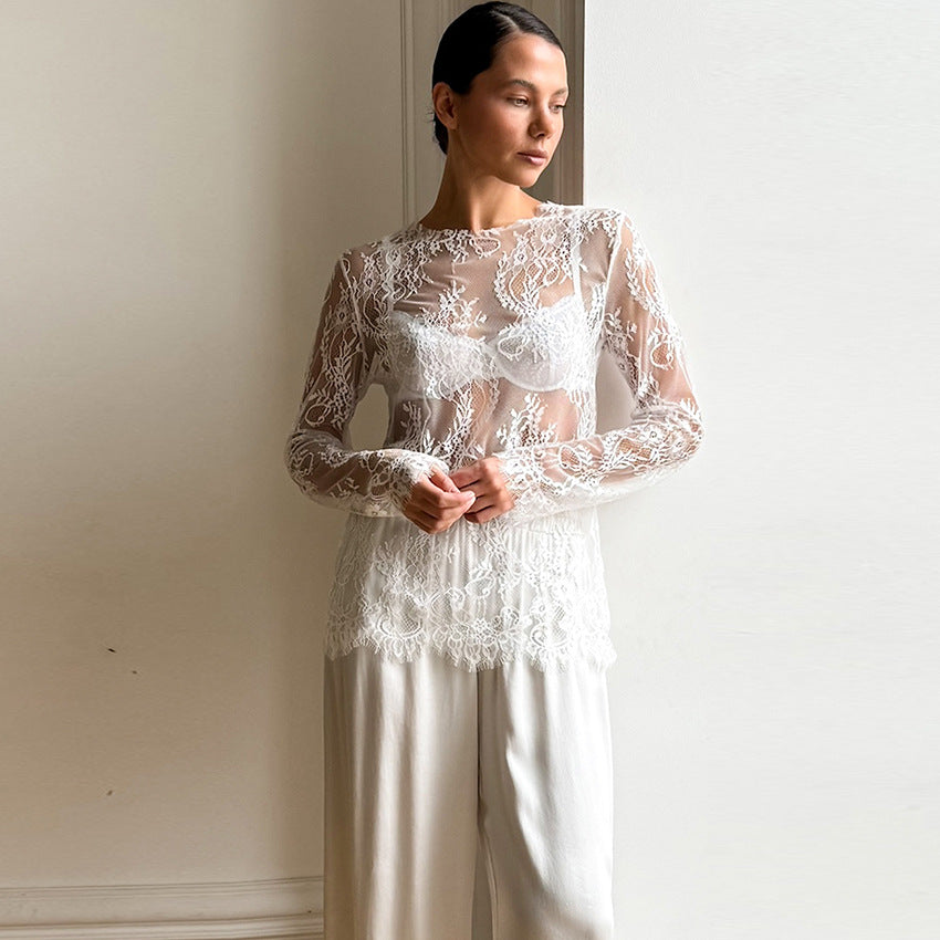 French-style Chic Sexy And Elegant T-shirt Sheer Solid-color Lace Top