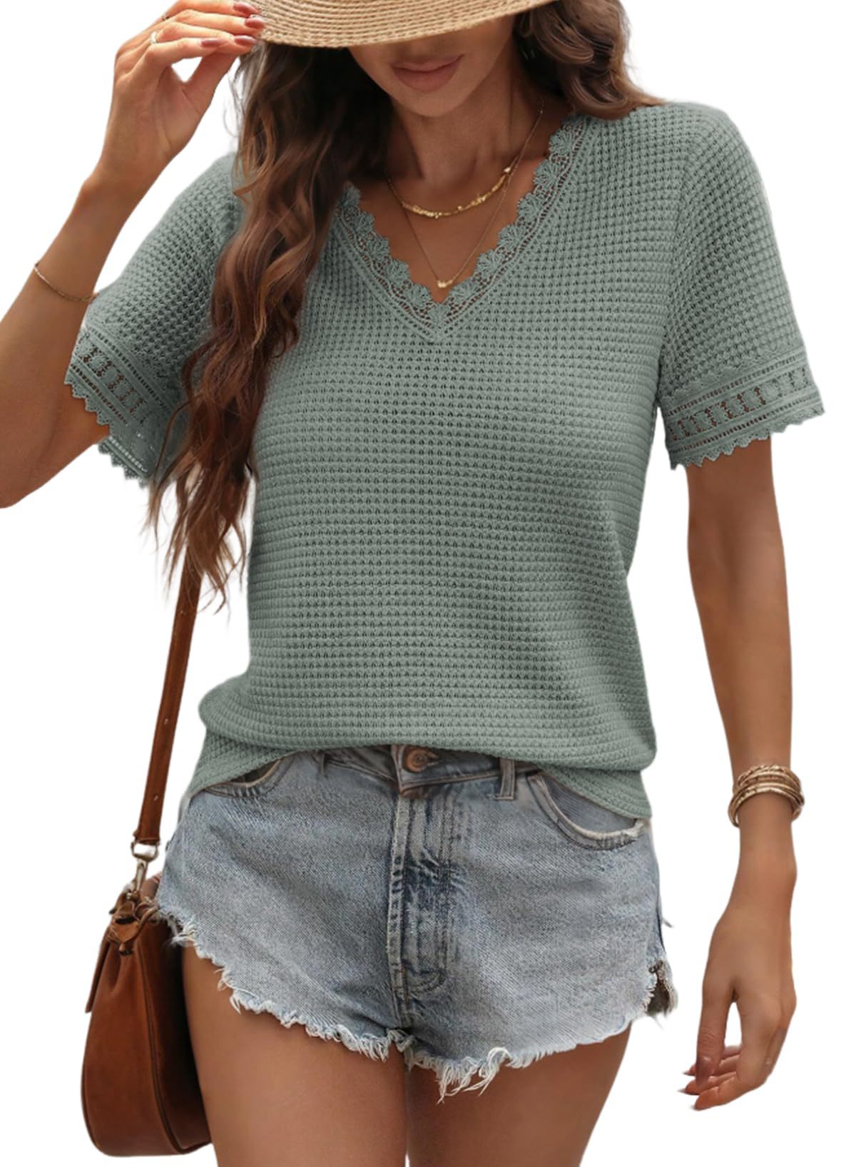 Womens V-neck Casual Waffle-knit Lace-panel Short-sleeve Top