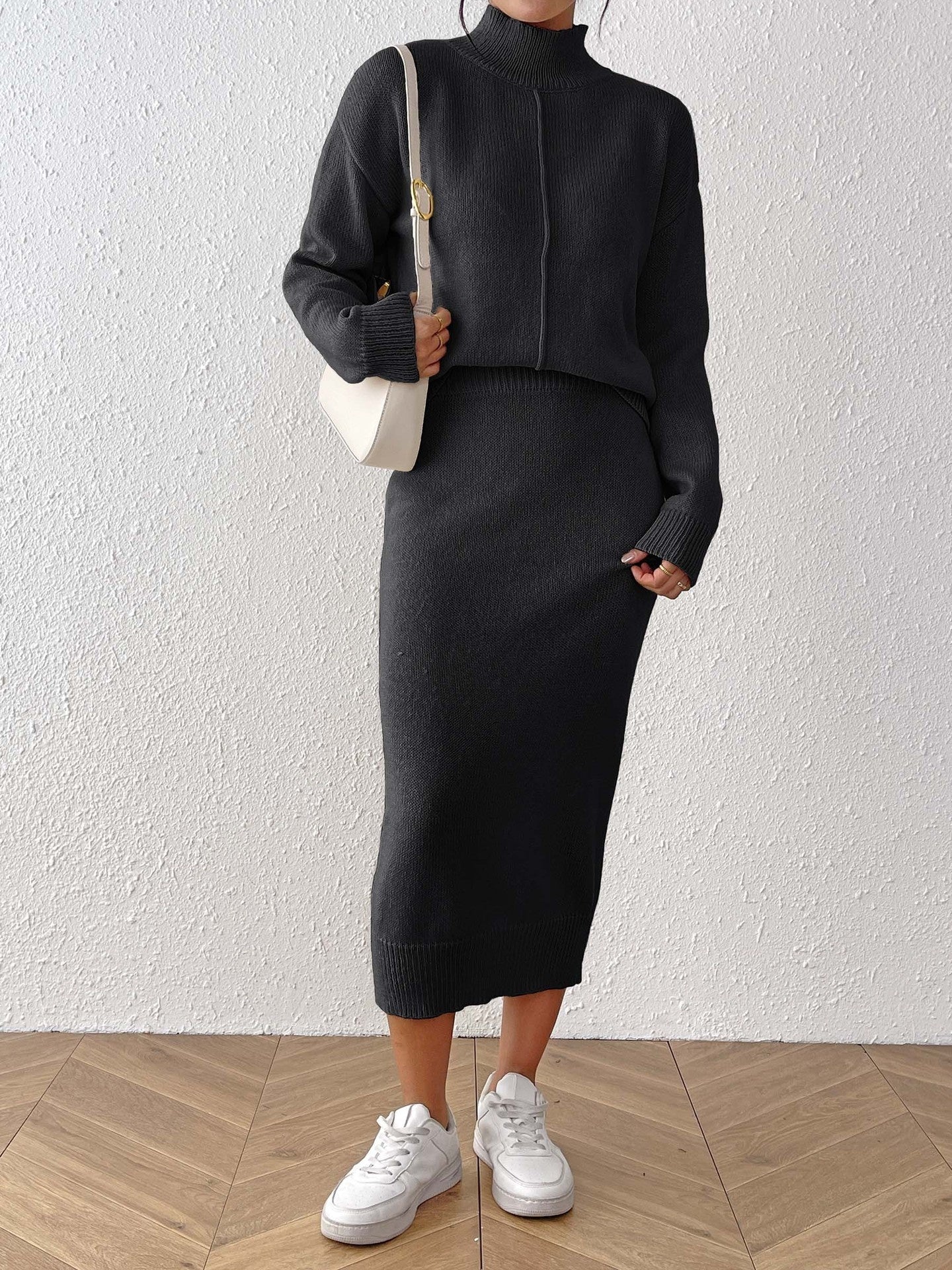 Women's Semi-high Neck Pullover Sweater And Bodycon Skirt Two-piece Set